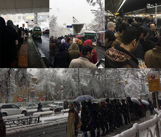 صف طولانی شهروندان تهرانی در روز برفی