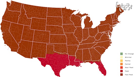 نقشه جالب ایالات متحده براساس تغییر رنگ برگ های پاییزی