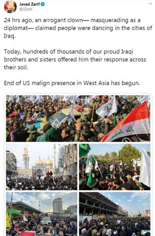 ظریف: مردم عراق پاسخِ «پمپئو»ی دلقک را دادند