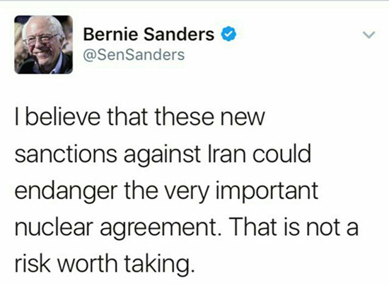 توییت «سندرز» پس از تصویب تحریم علیه ایران
