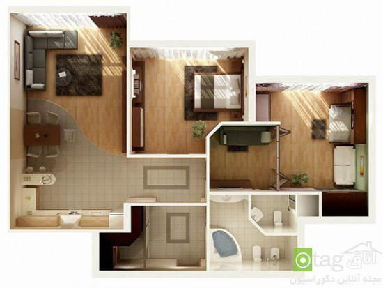 پلان هایی سه بعدی برای چیدمان خانه دو خوابه