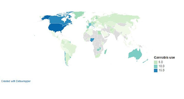 میزان مصرف ماری‌جوآنا در سراسر جهان روی نقشه
