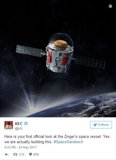 KFC به زودی ساندویچ مرغ خود را به فضا پرتاب خواهد کرد