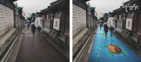 هنر خیابانی که با باران جان می‌گیرد +عکس