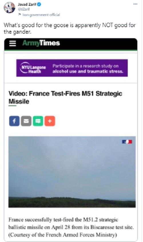 واکنش ظریف به آزمایش موشکی فرانسه
