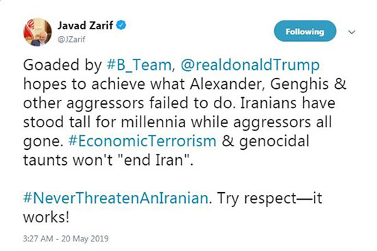 ظریف به ترامپ: هرگز یک ایرانی را تهدید نکن