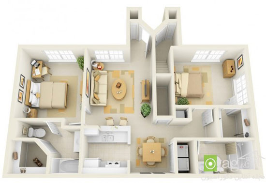 پلان هایی سه بعدی برای چیدمان خانه دو خوابه