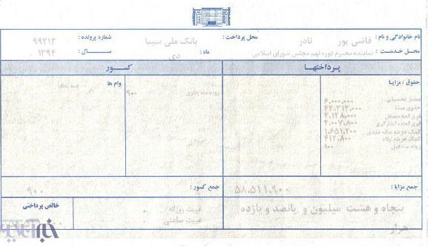 عکس: فیش حقوقی یک نماینده مجلس